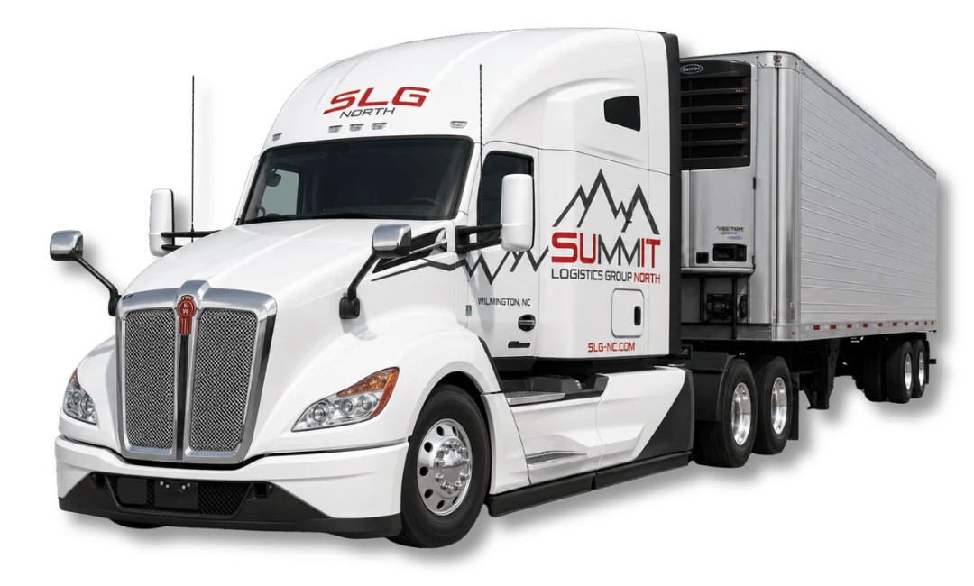 White semi-truck with "Summit Logistics Group North" and logo on its side, parked, featuring a freight trailer.