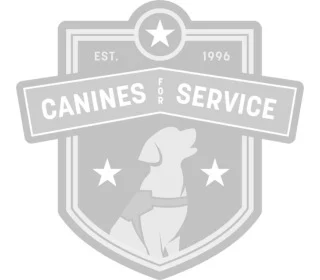 Shield-shaped logo featuring a service dog silhouette, two stars, "Canines for Service," and "Est. 1996" text with a star at the top.