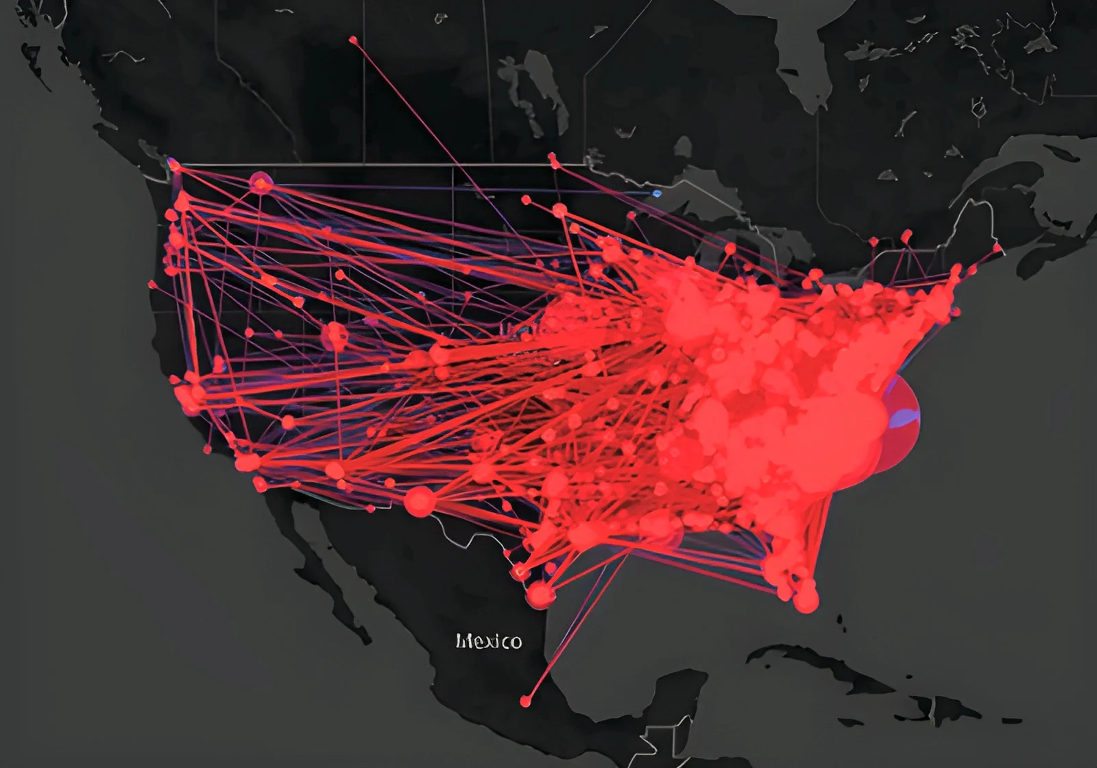 Map of the United States with red nodes and lines indicating dense connections, particularly concentrated in the eastern region.